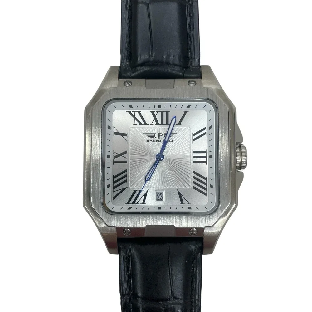 PINDU P6515 Men's Square‎ Automatic Watch Leather Deployment Clasp Dress 22mm